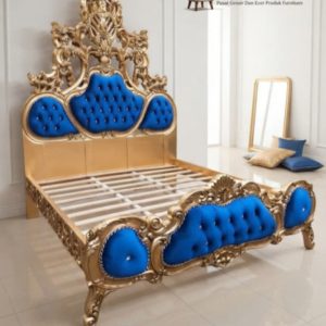 Tempat Tidur Mewah Ukir Jepara Warna Emas Kombinasi Jok Biru Royale - Ranjang Utama Gaya Sultan