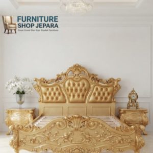 Set Tempat Tidur Ukir Emas Jepara Klasik Eropa + 2 Nakas Ukir Mewah - Set Kamar Utama Gold Edition