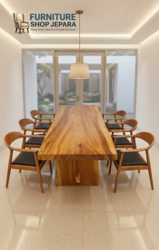 Set Meja Makan Kayu Trembesi Solid 8 Kursi Armrest | Furniture Shop Jepara