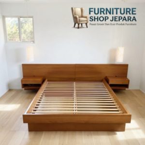 Tempat Tidur Minimalis Jati Jepara Gaya Japandi / Modern Ranjang Lesehan Kayu Jati Solid Nakas Menyatu